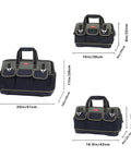 Three sizes of tool bags with dimensions and pockets, featuring 17 Inch Tool Bag For Men With Wide Mouth And Waterproof Molded Base.