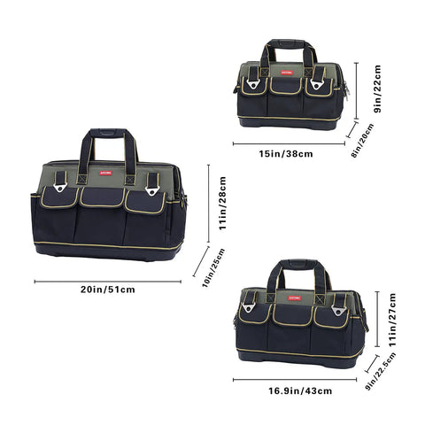 Three sizes of tool bags with dimensions and pockets, featuring 17 Inch Tool Bag For Men With Wide Mouth And Waterproof Molded Base.
