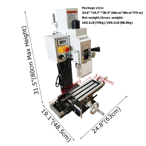 Real Deal 5.5 By 20 Inch Benchtop Mill Drill Press Featuring Hardcore 600W Brushless Spindle showing dimensions and design for industrial use.
