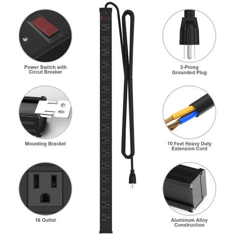 Heavy Duty 16 Outlet Metal Power Strip With 10 Foot Extension Cord Built To Handle Heavy Load Wall Mountable Industrial Grade Tough