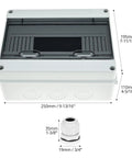 12 Way Circuit Breaker Distribution Box Waterproof IP65 Enclosure For Outdoor And Indoor Use With DIN Rail Mount PC ABS Built Tough Durable MCB Power Protection Box 10.2 X 4.3 X 7.9 Inches, showing front view with dimensions