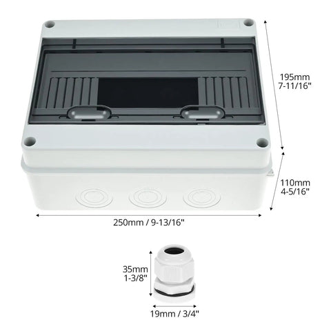12 Way Circuit Breaker Distribution Box Waterproof IP65 Enclosure For Outdoor And Indoor Use With DIN Rail Mount PC ABS Built Tough Durable MCB Power Protection Box 10.2 X 4.3 X 7.9 Inches, showing front view with dimensions