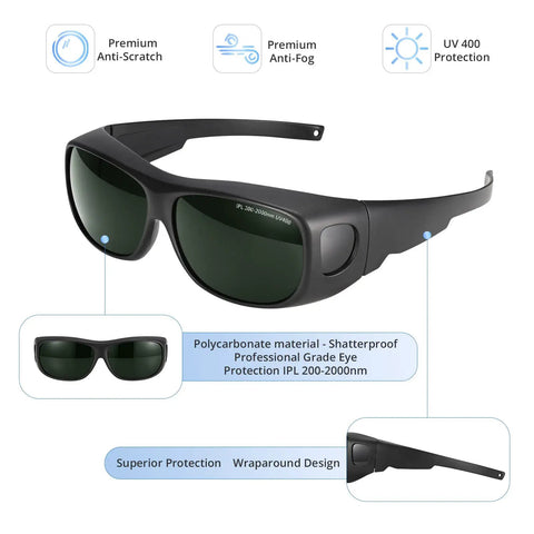 IPL Laser Safety Glasses OD 3 Plus Polycarbonate Lens Keep Your Peepers Covered During The Salon Grind 200 Nm To 2000 Nm Protection Against Harmful Light For Laser Hair Removal Techs No Cap, showing anti-fog design and UV 400 protection.