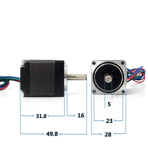 Driver Controller For Nema 8 Stepper Motor 1.4 Ncm 1.8 Degree Micro Stepping 28x28mm Frame 2 Phase 4 Wires 5x16mm Shaft CNC Machine Quiet Slick Precision, front and side view with dimensions