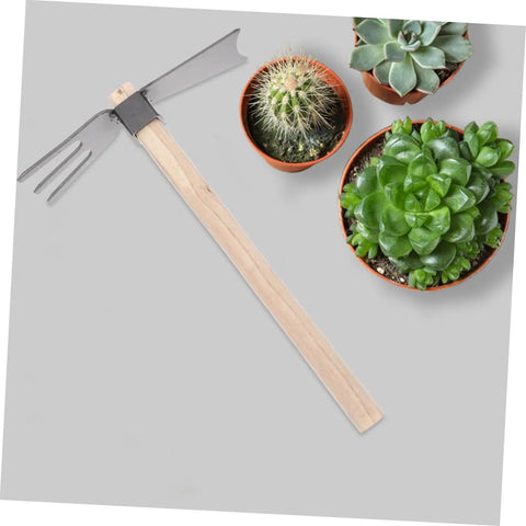 Dual Head Cultivator Garden Hoe For Lightweight Outdoor Yard Work Portable Sturdy Metal Garden Tool next to potted succulents
