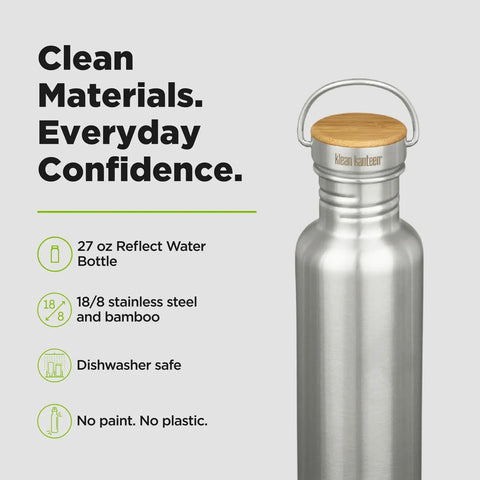 27 Oz Brushed Stainless Steel Water Bottle With Bamboo Lid Leak Proof Reusable Drinkware close-up with clean design and handle.