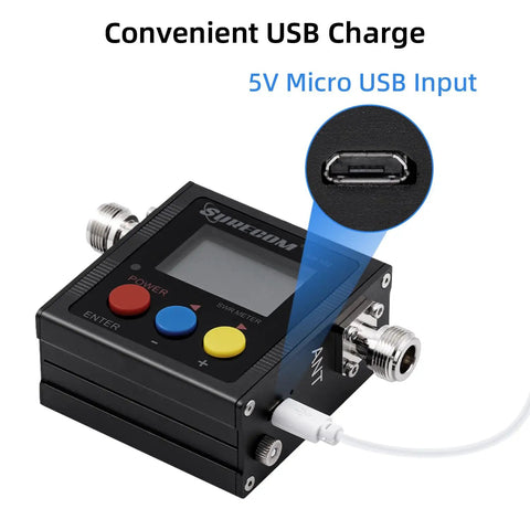 Digital VHF/UHF Antenna Power And SWR Meter With Quick VSWR Readout 125 To 525MHz Coverage, USB Charging Port