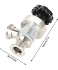 KF25 stainless steel high-vacuum manual right-angle isolation valve with black handwheel (angled view).