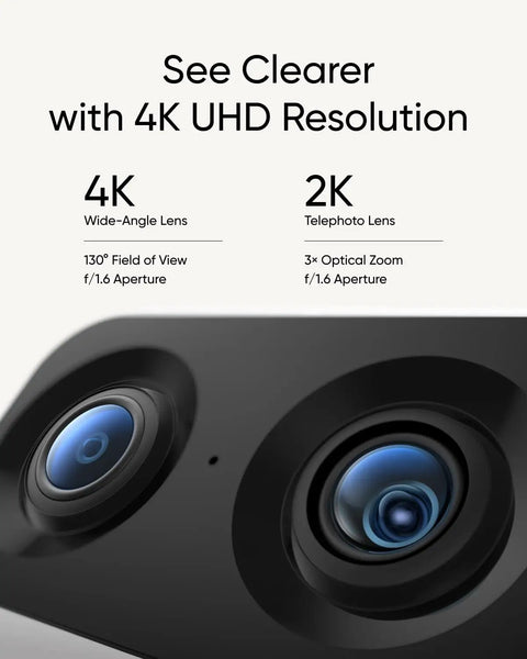 Top Tier 4K Indoor Security Camera With Dual Lenses And Smooth 8X Zoom No Monthly Fees Needed close-up of 4K and 2K lenses.