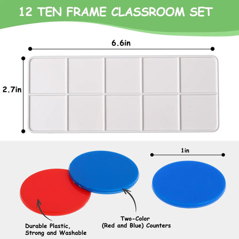 12 Sets Plastic Ten Frames For Classroom Math Manipulatives With 120 Red And Blue Counters, Durable Washable Learning Tools.