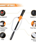 No Sweat Durable Heavy Duty Portable Battery Powered Fuel Siphon Pump For Gas Diesel Water Transfer 2.2 Gpm Flow Rate showing switch, reinforced ring, and filter.
