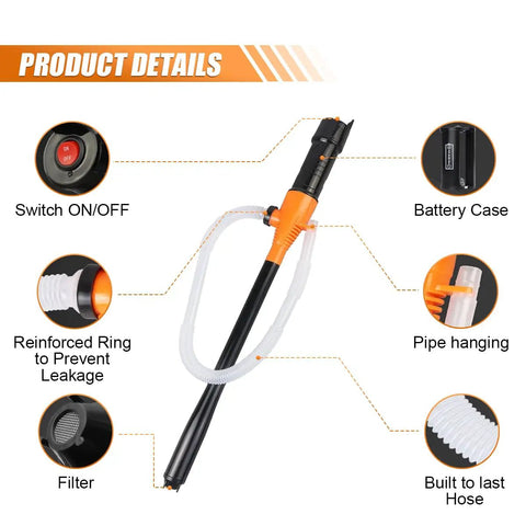 No Sweat Durable Heavy Duty Portable Battery Powered Fuel Siphon Pump For Gas Diesel Water Transfer 2.2 Gpm Flow Rate showing switch, reinforced ring, and filter.