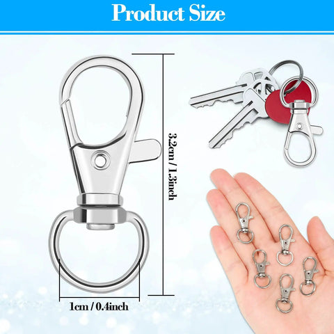 Tough As Nails Zinc Alloy Swivel Snaps Bulk 100 Count Lobster Clasp Hooks displayed with size dimensions, perfect for lanyards and keyrings.