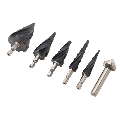 Top Notch M35 Cobalt Step Drill Bit Set With 4 Flute Pagoda Design For Stainless Steel And Hard Metal High Speed Cutting Zero Burrs And Clean Holes Every Time In Sheet Metal Projects., 5-piece set on white background