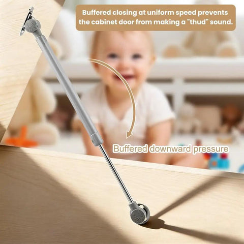 2 Pack Soft Close Toy Box Hinges for heavy curved lids, shown in installed position with a child in the background