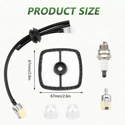 Tune Up Kit With Air Filter And Fuel Filter And Spark Plug For Echo SRM 225 Series Trimmers And Weed Eaters Replaces 13031054130 A226001410 90074 90097 NGK BPM7A BPM8Y shown with components and dimensions
