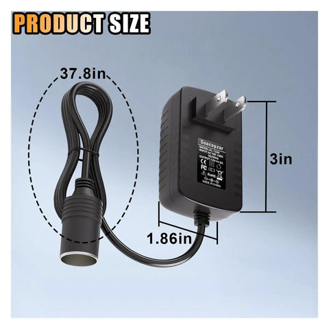 12V AC To DC Power Adapter, 24 Watt Car Cigarette Lighter Plug, 3in size with 37.8in cord for tire pumps and mini fridges.