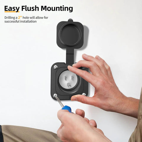 Heavy Duty 15A AC Shore Power Flanged Inlet With Waterproof Nema 5-15P Male Receptacle Flush Mount Outlet being installed with a screwdriver.