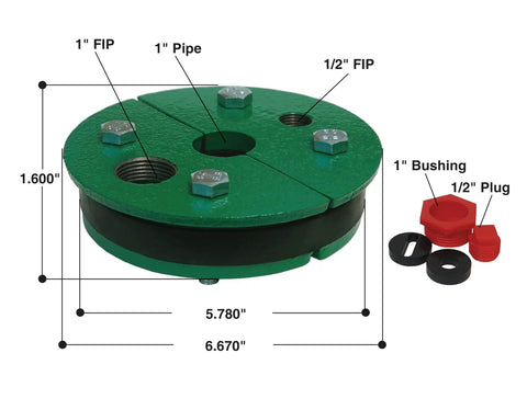 6 Inch Cast Iron Well Seal Cap With Split Top Plate, Built Tough Single Drop 1 Inch Water Well Seal for Submersible Jet Pumps, diagram