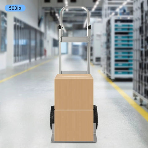 Heavy Duty Aluminum Hand Truck 500lbs Capacity Steel Handle Dolly Cart with boxes in warehouse, ideal for moving large items.