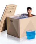 Heavy Duty Rotomolded Cold Plunge Tub With Solid Thermal Build For Hardcore Workouts And Rapid Recovery Leak Proof Ice Bath Tote For Gym Home Outdoor Chill Sessions, man partially submerged in water.