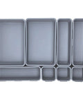 8 Piece Interlocking Drawer Organizer Trays Set In Light Gray Plastic, Modular Storage Bins for kitchen, bathroom, or office use