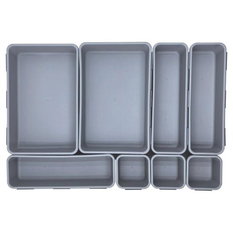 8 Piece Interlocking Drawer Organizer Trays Set In Light Gray Plastic, Modular Storage Bins for kitchen, bathroom, or office use