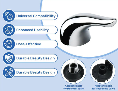 Universal Tub And Shower Lever Handle Replacement For Posi-Temp And Moentrol Valves, chrome finish with adapter details