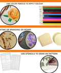 Color pencils, stencils, and wood boards from 110 Piece Wood Burning Kit With Pro Wood Burning Pen, Adjustable Temperature From 200 To 420 C.