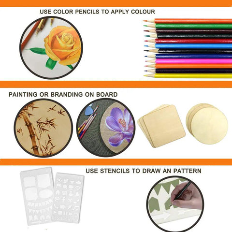 Color pencils, stencils, and wood boards from 110 Piece Wood Burning Kit With Pro Wood Burning Pen, Adjustable Temperature From 200 To 420 C.