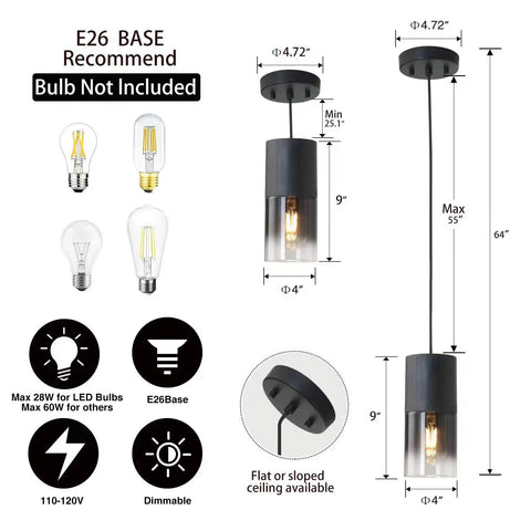 Super Cool Three Pack Black Gradient Glass Pendant Lights Adjustable Modern Industrial Fixtures with dimensions and bulb specifications