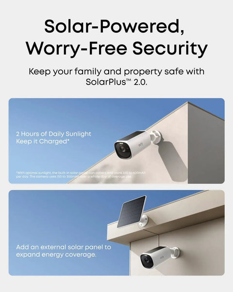 Solid Outdoor Wireless Security Camera Featuring Hella Clear 2K Max Color Night Vision And Kickass Ai Face Tracking Plus Smooth Solar Charging For No Fuss Home Protection with solar panel mounted on a wall.