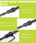 Heavy Duty Countersink Drill Bit Set For Woodworking Packs Adjustable Depth with control collar for precise countersinking.