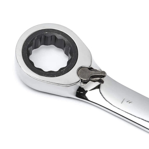Close-up of 12 Point Reversible Ratcheting Wrench 21mm Metric, Quick 5 Degree Box End Turn, chrome finish, rugged design
