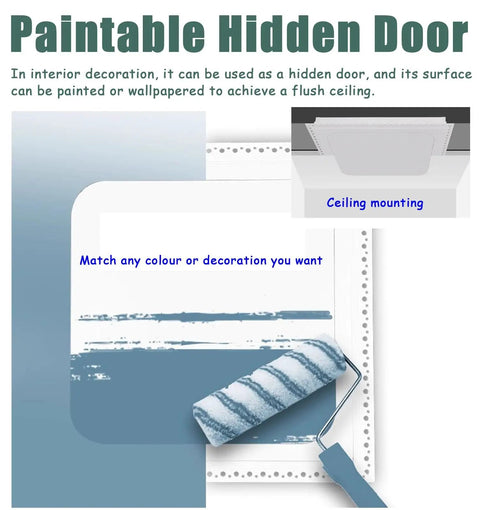 Slick White Wall Access Door And Concealed PVC Inspection Panel Paintable Utility Cover With Clean Flush Finish To Mask Messy Plumbing And Wiring Clutter Zero Hassle 30 By 30 Inch Reveal with paint roller and ceiling mount illustration.