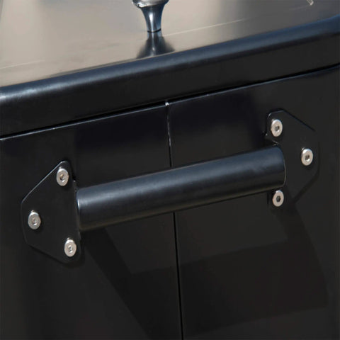 Close-up of black handle on 80 Quart Rolling Ice Chest Cooler On Wheels For Party Ready Backyard Grills Poolside Gatherings Stand Up Drink Cart