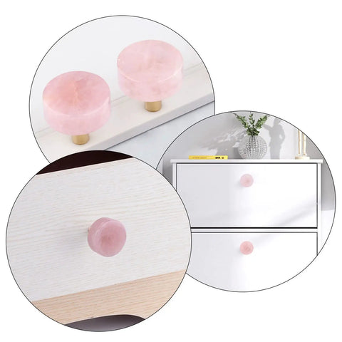 4 Piece Circle Crystal Stone Drawer Knob Set In Rose Quartz Polished Cabinet Handles For Kitchen Drawers Cupboards Dresser