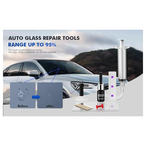 DIY Windshield Crack Repair Kit With Quick Chip Resin And Pressure Syringe For Sunroofs, Trucks, Lenses shown with components