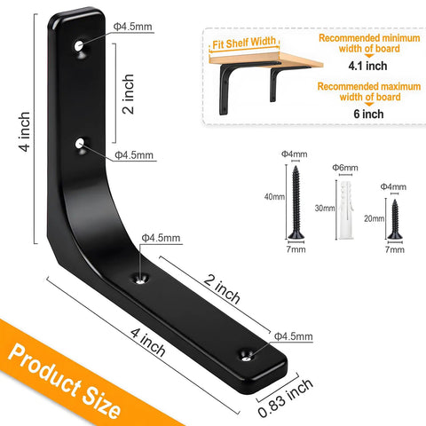 Rock Solid Metal Shelf Brackets Four Inch Square Design With Heavy Duty Wall Mounting Hardware Easy Peasy Installation For Countertops And Floating Shelves built tough, dimensions shown: 4x4 inch, 2 inch height.