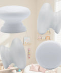 Six Pack Round Wooden Cabinet Knobs In Crisp White With Trimmable Screws for dresser and closet use, showcasing various angles.