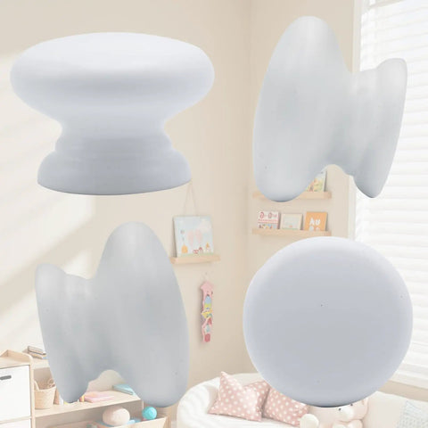 Six Pack Round Wooden Cabinet Knobs In Crisp White With Trimmable Screws for dresser and closet use, showcasing various angles.