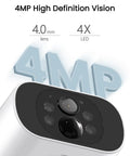 Close-up of 4MP camera with 4.0mm lens and 4X LED. Solar Outdoor Security Cameras Wireless 4 Camera Kit 4MP System With Color Night Vision Motion Detection No Monthly Fee Includes 32GB Memory Card Visible Deterrence Weather Resistant.
