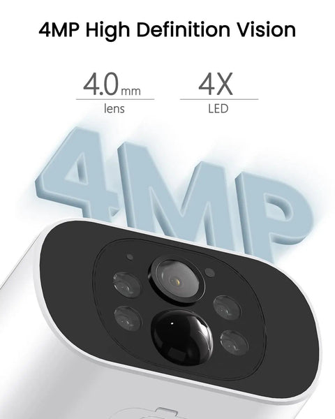 Close-up of 4MP camera with 4.0mm lens and 4X LED. Solar Outdoor Security Cameras Wireless 4 Camera Kit 4MP System With Color Night Vision Motion Detection No Monthly Fee Includes 32GB Memory Card Visible Deterrence Weather Resistant.
