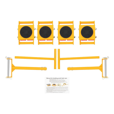 Heavy Duty Machinery Skates 4 Pack Move Heavy Equipment With Ease This Robust Dolly Set Features 6 Ton Capacity Per Unit with yellow design.