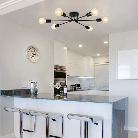 Dope Six Light Sputnik Black Chandelier Semi Flush Mount Ceiling Light With E26 Base LED Compatible in modern kitchen setting