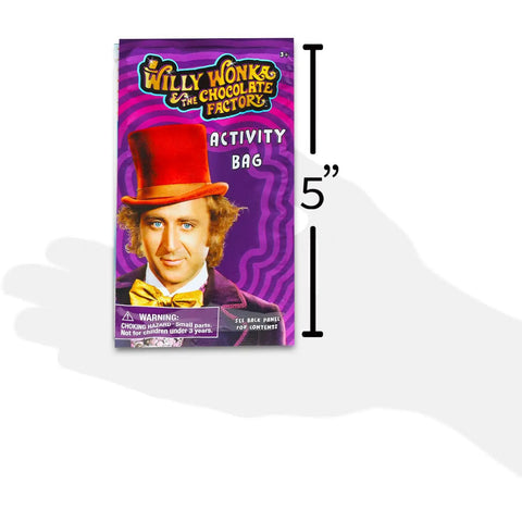 Chocolate Factory Theme Party Favor Bundle for Kids, 5-inch Willy Wonka activity bag cover featuring character with red hat.