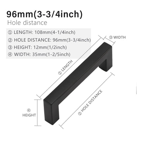 Matte Black Cabinet Pulls Square Drawer Handles with 3-3/4 Inch Hole Centers 96 mm Stainless Steel Kitchen Cupboard Hardware with dimensions