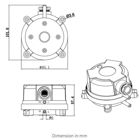 Technical diagram of LF32 Differential Pressure Switch For HVAC Systems With Adjustable Set Point 30 To 300 Pa Air Differential Gauge 6 mm Hose Connection Pro Grade Mechanical Sensor showing dimensions.