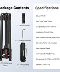 72 Inch Travel Tripod and Monopod for Cameras and Mobile Phones with Arca Type Ball Head, package contents and specifications