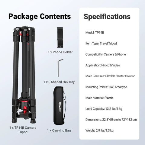 72 Inch Travel Tripod and Monopod for Cameras and Mobile Phones with Arca Type Ball Head, package contents and specifications